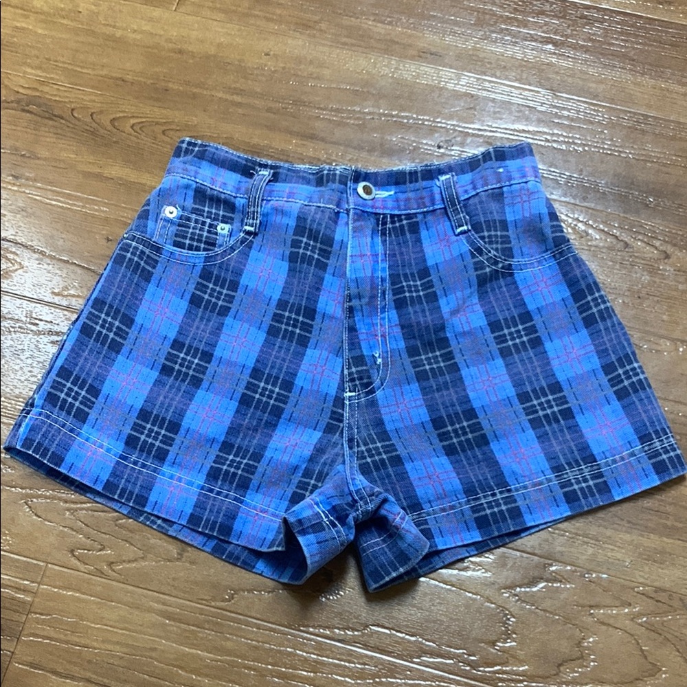 Vintage Steel Jeans Blue Plaid High-Rise Shorts